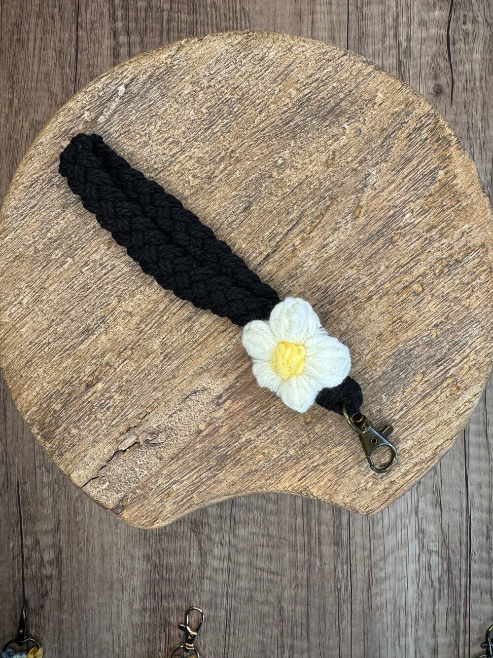 Macrame Daisy Wristlet Strap Flower Keychain Black White Purse Charm FAST SHIP